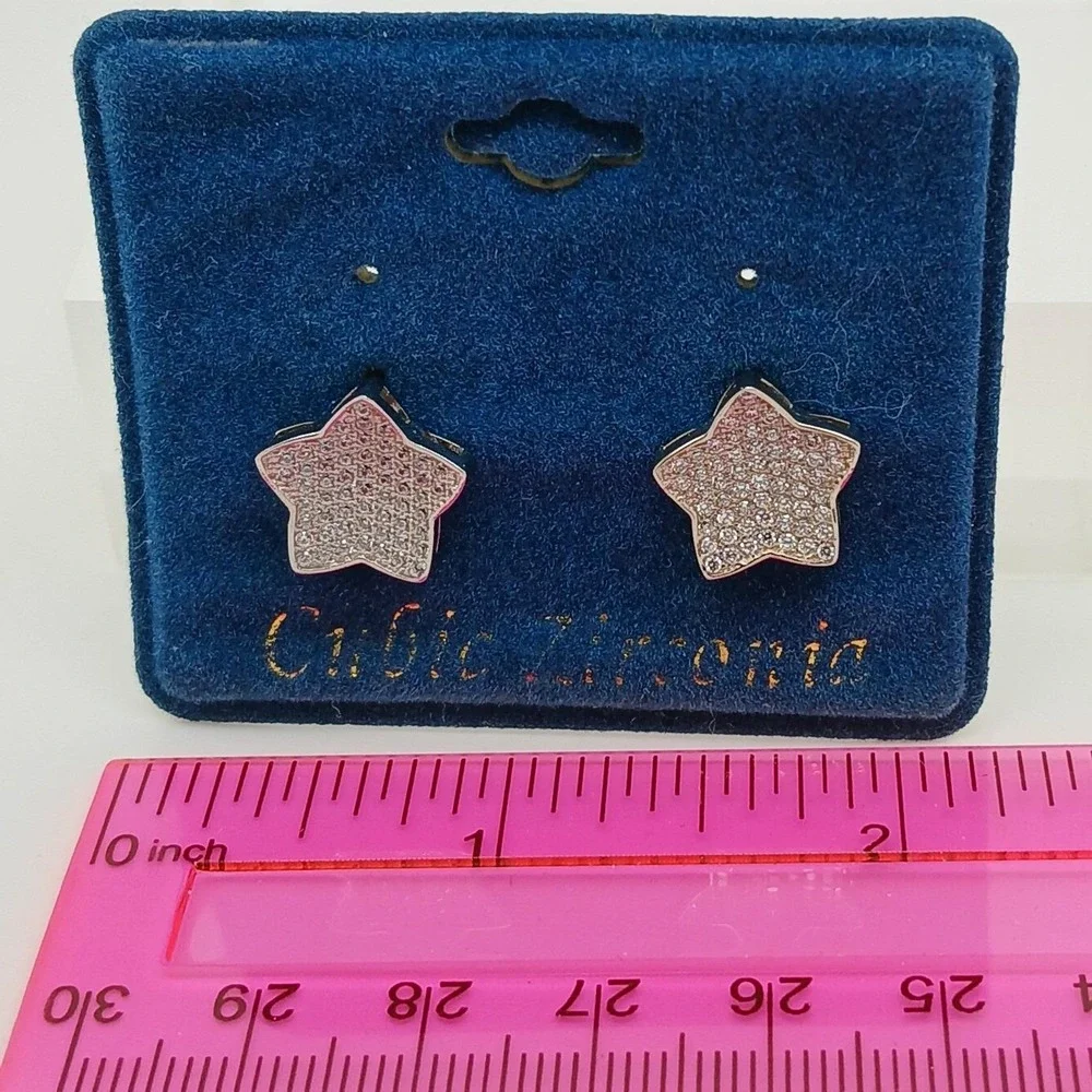 Vintage 1990s Silver Tone Cubic Zirconia Star Stud Micro Pave Earrings Deadstock